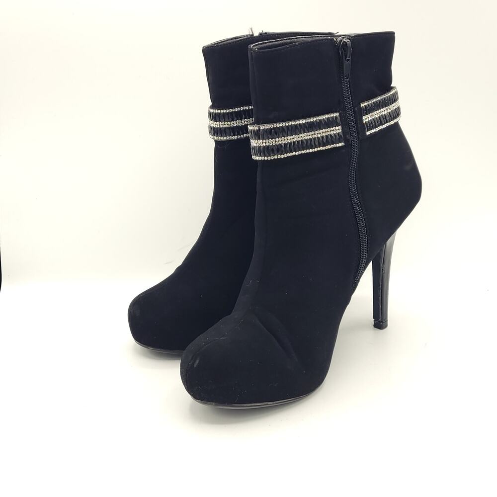 Madeline Stuart black suede heels ankle booties rhinestone strap women's size 8 - Picture 4 of 9